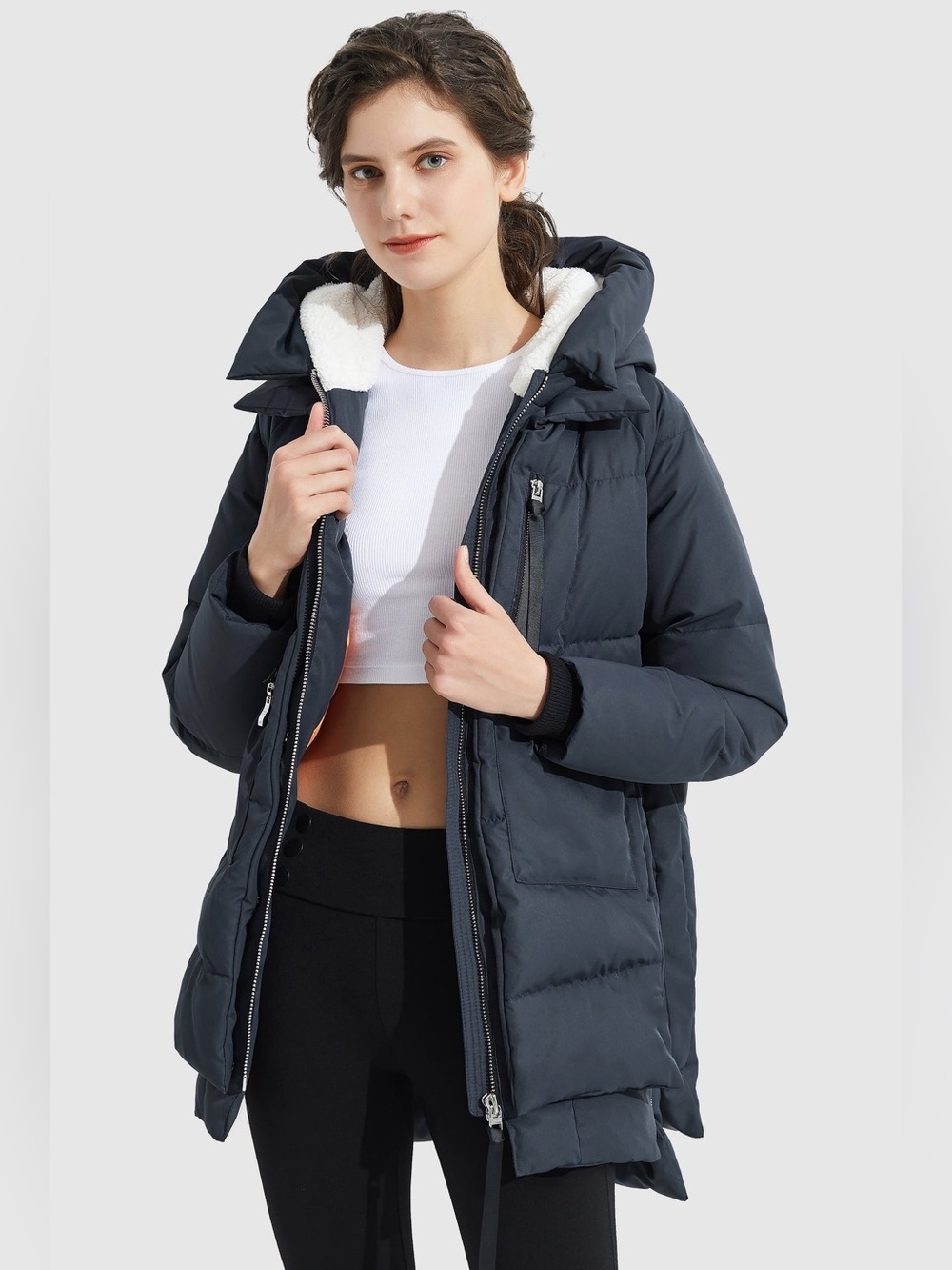 Orolay Women's navy side zippers Thickened Down Jacket sherpa-lined hood size XS